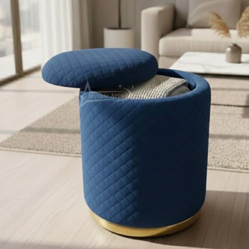 Image of Premium Round Storage Ottoman Stool 13 X 13X 16 inch, with Gold Metal Base | Luxury Pouffe with Hidden Storage | Cushioned Footrest for Living Room, Bedroom & Lounge Blue