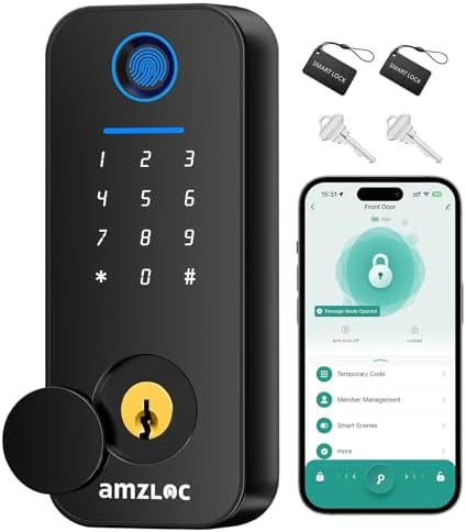 Smart Deadbolt Door Lock with Keypad:Amzloc Fingerprint Keyless Entry Door Lock, Smart Lock for Front Door,Bluetooth APP Control,Auto Lock,Easy Install,IP65 Waterproof