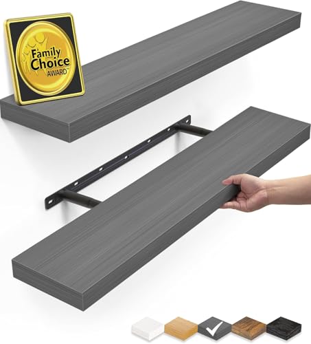 Image of BAYKA Floating Shelves Grey, 22.5 inch Rustic Wood Wall Mounted Shelves for Bathroom, Bedroom, Living Room, Kitchen, Hanging Shelf for Books /Storage /Decor (Gray,Set of 2)