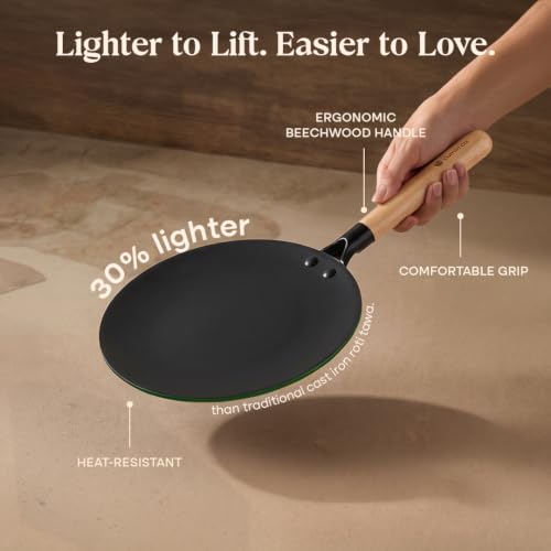 Image of CUMIN CO. Enamel Cast Iron Roti Tawa LITE | 26 cm | 5 Years Warranty | Non Toxic Non Stick Tawa for Roti /Chapati | Chemical Free Coating | No Seasoning Needed | Moringa (Green)