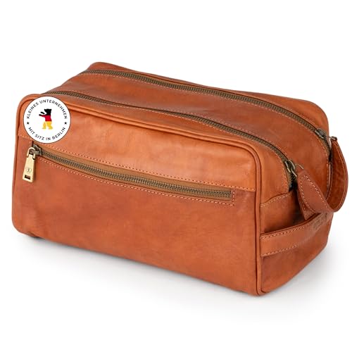 Berliner Bags Vintage Kulturbeutel Tim M, Kulturtasche und Waschtasche aus Leder, Kosmetiktasche für Damen und Herren - Braun