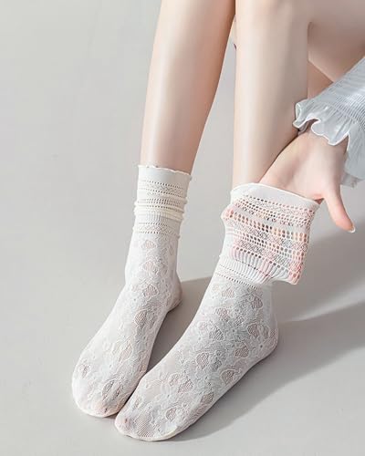 Image of Womens Lace Ankle Socks Mesh Lace Loose Socks Cute Casual Solid Color Princess Socks Sheer Dress Socks 6 Pairs 4-9