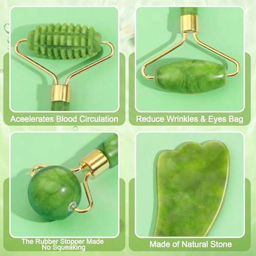 HairChrysm 6Pcs Jade Roller for Face,Gua Sha Facial Tools for Women Natural Face Roller Massager Tool for Skincare, Makeup