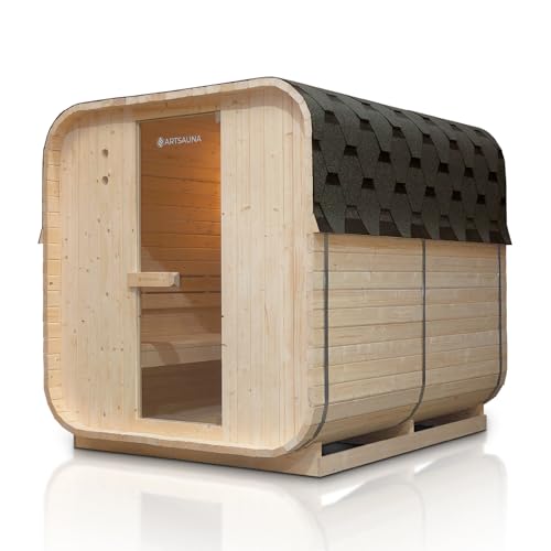 Artsauna Fasssauna Nolvik XL, Outdoor-Sauna aus Fichtenholz, 8 kW Ofen, LED, Komplettset mit Sanduhr, Eimer & Thermometer, Winterfest, Cube Design