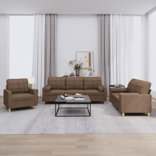 Keeushr 3-TLG. Polstergarnitur Sofa mit Kissen in Braun – Strapazierfähige Stoffgarnitur für Wohnzimmer mit robustem Gestell und bequemer Polsterung
