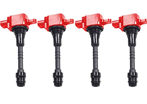 ENA Set of 4 Red Ignition Coil Pack Compatible with Nissan 2002 2003 2004 2005 2006 Sentra, 2001-2005 Almera 1.8L L4 Coils Replacement for UF351 UF548 5C1394 52-1745 IC481 224336N015 224486N015