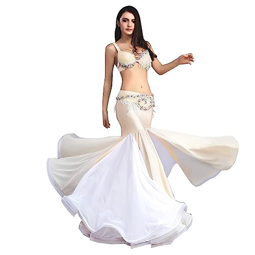 ROYAL SMEELA Bauchtanz BH Gürtel und Rock Tanz Kostüm Anzug Exquisit Perle Quasten BH Gürtel Chiffon Meerjungfrau Rock Professionelle Leistung Tanzkleid für Damen Bauchtanz Outfits