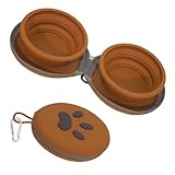 Collapsible Dog Bowls, 2-in-1 Silicone Pet Food and Water Bowl with Carabiner, Portable Double Compartment Dish for Travel, Camping, Hiking Puppy Essentials (Brown)