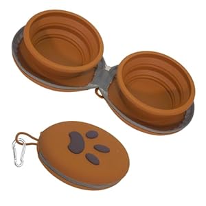 Collapsible Dog Bowls, 2-in-1 Silicone Pet Food and Water Bowl with Carabiner, Portable Double Compartment Dish for Travel, Camping, Hiking Puppy Essentials (Brown)