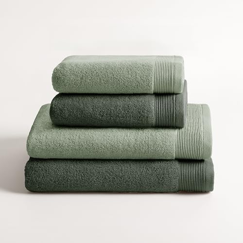 BOHEME | Juego de 4 Toallas de Ducha Bicolor Harmony | Verde Oscuro y Verde Claro | 2 (50x100) + 2 (70x140) | 100% Algodón Zero Twist|600 g/m²|Suaves, Absorbentes y de Secado Rápido|Lavables a Máquina