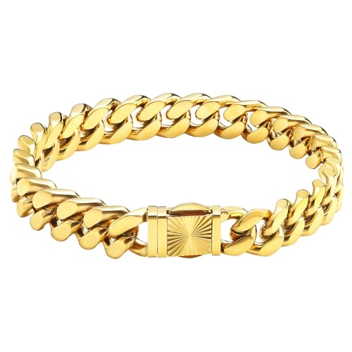 CaptainSteeL Cuban Link Chain Bracelet for Men- 316L Stainless Steel 9/10MM Width Fashion Pattern Snap Button Hip Hop Jewelry,Two Style Cuban Bracelets 18K Gold Plated/Stainless Steel with Gift Box