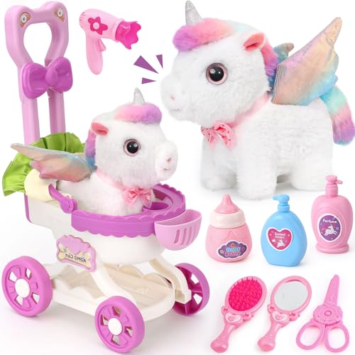 TUZT Girl Interactive Walking Unicorn Stroller Toy Set with Plush Electric Unicorn & Groom Care Accessories, Pretend Play Christmas Birthday Gift Toddler 3 4 5 6 Years, Unicorn Toys for Girls 4-6