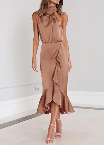 Image of KIRUNDO Women's Summer Satin Mock Neck Wedding Guest Dress | Party Cocktail Midi Dress, 2026 Spring Fashion, Silky, Elegant Classy Halter High Neck, Sleeveless Wrap Ruffle Formal Dress