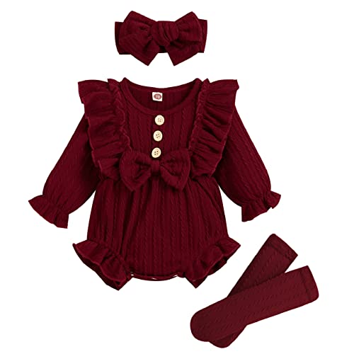 Image of GRNSHTS Newborn Baby Girl Clothes Ruffle Solid Sweater Long Sleeve Romper+Hairband+Socks 3Pcs Fall Winter Outfits
