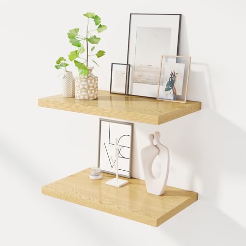 Image of Dreamland 24 inch Floating Shelves for Wall, 12 inch Deep Slim Oak Floating Shelves, Wall-Mounted Shelves for Bedroom, Living Room, Kitchen, Bathroom - Set of 2