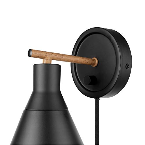 Globe Electric 51725 1-Light Dimmable Plug-in or Hardwire Wall Sconce, Matte Black, Faux Walnut Accent, Stepless Dimming Rotary Switch on Canopy, Black Fabric Cord, Bulb Not Included by Globe Electric - Image 7