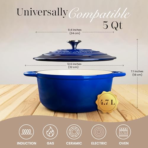 Image of Cast Iron Pot with Lid-Non-Stick Ovenproof Enamelled Casserole Pot, Oven Safe up to 500 F-Sturdy Dutch Oven Cookware - Dark Blue, 5-Quart, 24cm by- Nuovva