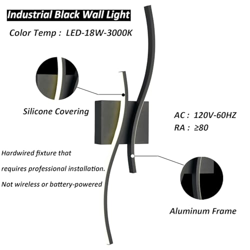 Image of Modern Led Sconce Wall Lighting Indoor 24 inch Minimalist Industrial Black Wall Sconce Hardwire Wall Light for Small Space Bathroom Hallway Staircase Entryway