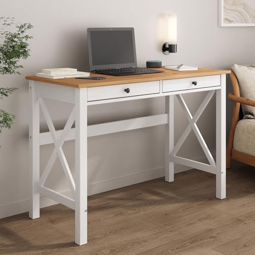 Bureau en Bois Adrian L 110 cm avec Deux tiroirs en Bois Massif Coloris Blanc et chêne avec Rangement élégant et Pratique, poignées Noires idéal pour...