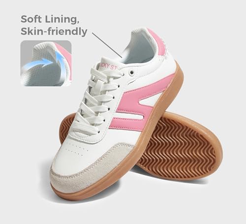 Image of LUCKY STEP Women Retro Gum Sole Fashion Sneakers | Genuine Leather Classic Tennis Skate Walking Shoes Anti Slip Trainers