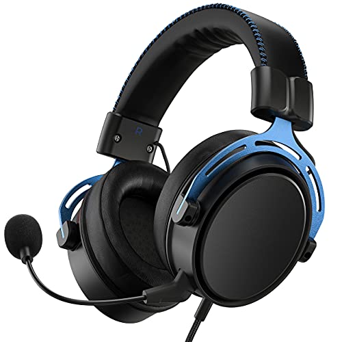 Gaming Headset with 7.1 Surround Sound for PS5 PC PS4 Xbox Over-Ear Computer Headset with Noise Cancelling Mic, Ultra Light Soft Memory Earpads Gaming Headphones for Switch, Blue