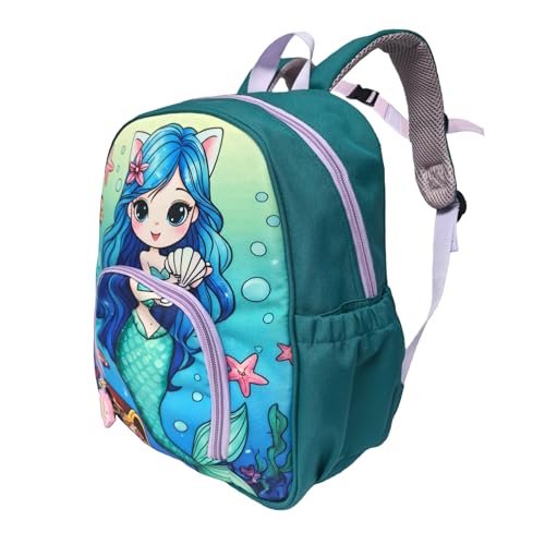 Alveroya Mermaid Backpack for Girls 14 Inch Teal Kids School Bag Fits Standard US Folders Water-Resistant Pre-K Kindergarten Bookbag with Chest Strap Ages 4-6