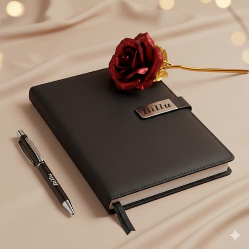 Image of Personalized Diary & Pen Gift Set with Name Engraving | Leather Diary Combo with Decorative Rose | Customizable Gift for Birthday, Anniversary, Valetine & Special Occasions (Black)