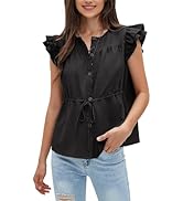EXLURA Womens Button Down Blouses Casual Ruffle Cap Sleeve Peplum Summer Tops Crewneck Drawstring...