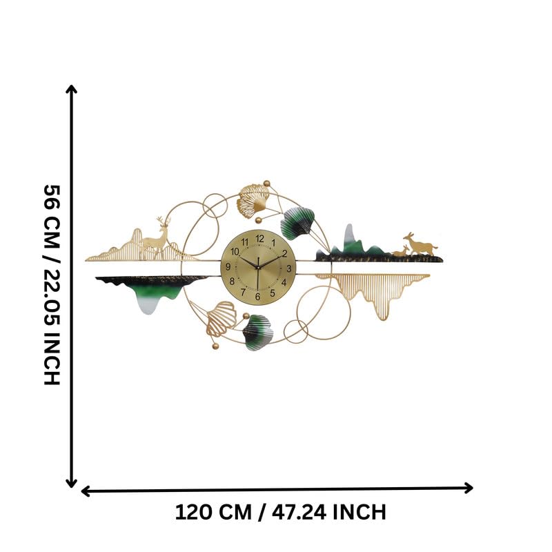 Image of CHRONIKLE Designer Iron Golden and Green Analog English Numerals Wall Hanging Clock for Living Room Bedroom Home Office Timeless Decor (Size: 120 x 2.5 x 56 CM| Weight: 1700 Gram)