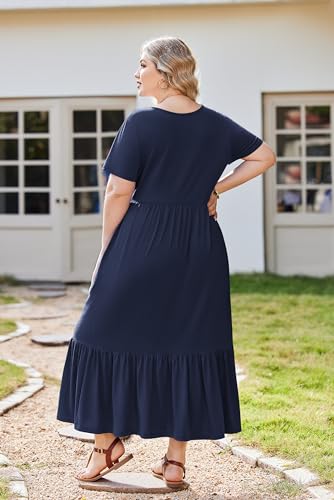 Image of IN'VOLAND Women Plus Size Short Sleeve Dress Loose Plain Casual Summer Flowy Tiered Long Maxi Dresses with Pockets