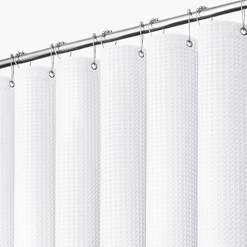 Dynamene White Fabric Shower Curtain, Waffle Weave Heavy Duty Thick Fabric Shower Curtains for Bathroom, 256GSM Weighted Hotel Luxury Cloth Shower Curtain Set with 12 Plastic Hooks, 72Wx72H, White