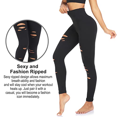 Womens High Waist Yoga Pants Cutout Ripped Tummy Control Workout Running Yoga Skinny Leggings #TOP1