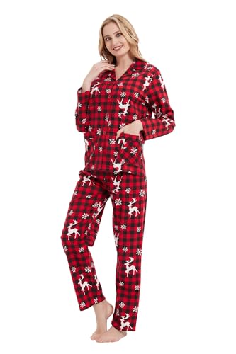 GLOBAL Pijamas Mujer Franela Algodon Largos Conjunto de Pijama Suave y Cómodo Camisones Mujer Botones Cintura Elástica Ajustable Regalo Mujeres Tela Escocesa Roja Navideña L
