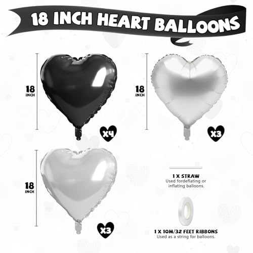 Image of Black Silver Heart Balloons, 10 Pcs 18 Inch Metallic Silver Black Heart Shaped Balloon Foil Balloons Helium for Boys Men Brithday Bridal Baby Shower Valentines Day Halloween Party Decorations