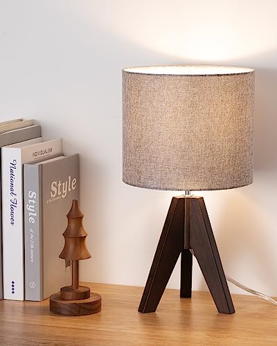 Edishine Table Lamp With Walnut Color Wooden Tripod, Linen Grey Lampshade, 14.2 Inch Nightstand Lamp, E26 Socket, Bedside Table Lamp For Nursery, Bedroom, Office, Kid Room, Living Room #TOP28