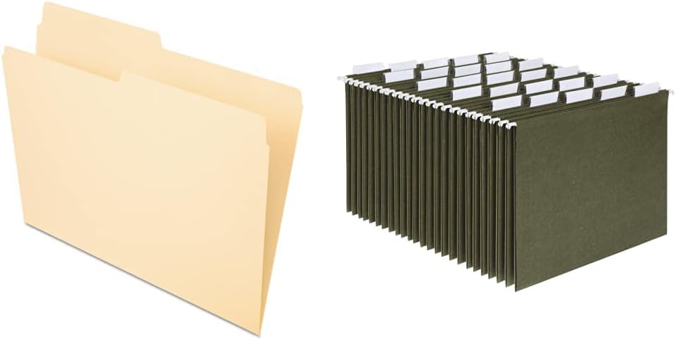 Pendaflex File Folders, Letter Size, Manila, 1/2 Cut, 100/BX (752 1/2) & Hanging File Folders, Letter Size, Standard Green, 1/5-Cut Adjustable Tabs, 25 Per Box (81602), Standard Green - 1/5 Tabs