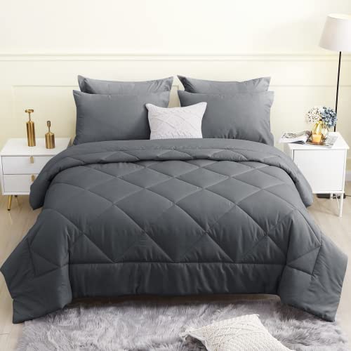 Hevumyi King Size Comforter Set, 8 Pieces Reversible Bed In A Bag, All Season Bedding Sets With Comforter, Flat Sheet, Fitted Sheet, Bed Skirt, Pillowcases & Pillow Shams (Dark Grey) #TOP1