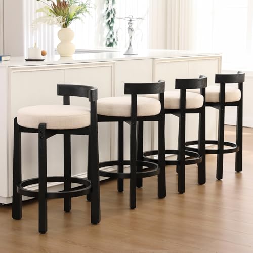 Image of CIMOTA 26.5 inch Counter Height Bar Stools Set of 2 | Mid Century Modern Low Back Bar Chairs with Black Wood Legs & Linen Upholstered Seat, Kitchen Island Stools, Beige