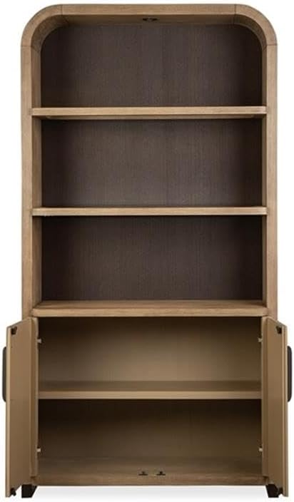 BOWERY HILL Dining Cabinet, Swiss Coffee Finish with LED Light, Glass and Wood Shelves, Wirebrushed Oak Veneer Construction, Urban Bronze Hardware, Buffet Table for Dining Room Storage and Display