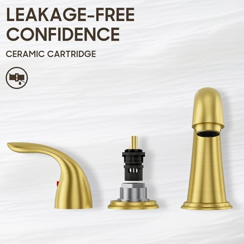 Phiestina 8 Inch Brushed Gold Widespread 2-Handle 3 Hole Bathroom Faucet with Metal Pop-Up Drain Assembly, Low Arc Bathroom Sink Faucet,WF008-5-BG by phiestina - Used condition - Image 6