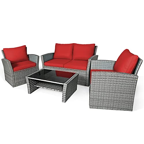 Juego de 4 muebles de ratán para patio, mesa de sofá con estante de almacenamiento, color turquesa/rojo/gris, sofá biplaza (color: E)