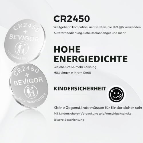 Bevigor 2450 Batterie Kompatibel mit Fitnessgeräten CR2450 Lithium 3V Münzbatterie für Kindersicherheit, Auto Alarm… – Ansicht 6