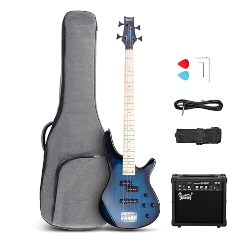 GLARRY 4 String Electric Bass Guitar Beginner Kit, GIB Series Full Size with 20W AMP, Gig Bag Backpack and Accessories (Blue)