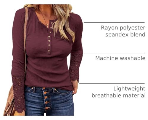Image of Kancystore Women's Fall Long Sleeve Tops Lace V Neck Button Down Henley Shirts Tunic Blouses