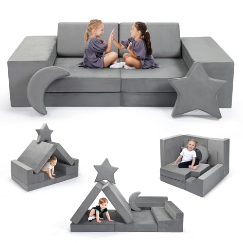 Kids Play Sofa Bed, Modular Toddler Armchair Couch for Playroom, 9-Piece Fold Out Baby Couch Play Set, Children Convertible Sofa Foam Couch for Girls Boys (Gray)