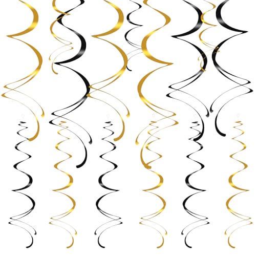 Image of Colorful Ceiling Swirl Foil Decorations Hanging Plastic Streamer Themed Swirl Party Decoration for Wedding New Years Day Graduation Celebration, Pack of 28 (Gold, Black)