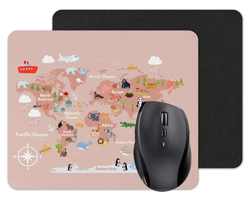 Tapis de souris antidérapant avec carte du monde pour enfants avec animaux - Pour la maison, le travail, l'école et le bureau - Rose