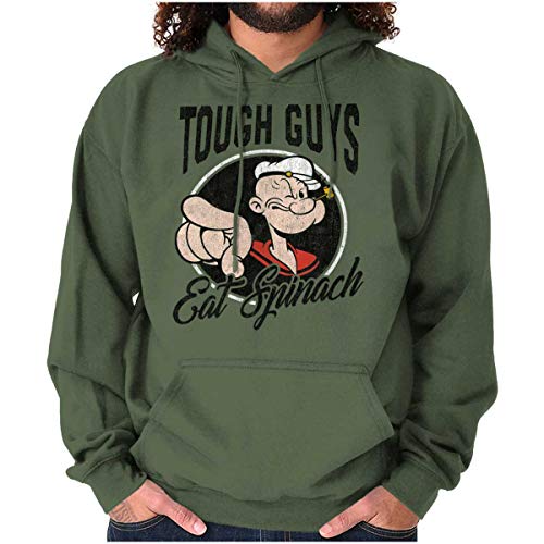 Image of Brisco Brands Popeye Tough Guys Eat Spinach Funny Hoodie Hooded Sweatshirt Men, Military Green, XL