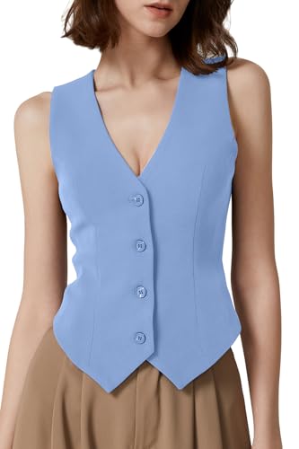 QINSEN Suit Vest for Women V Neck Sleeveless Vests Waistcoat for Work or Casual Sky Blue S