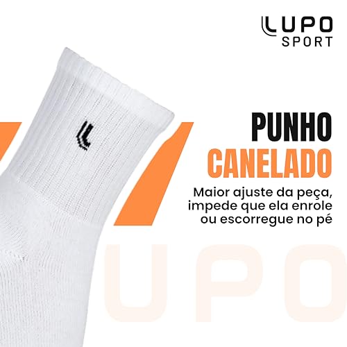 LUPO Kit 6 Pares Meia Cano Médio Esportiva Algodão Unissex Adulto, 6 Brancas, 41-44
